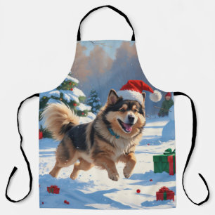 Tablier Lapphund finnois courant dans la neige avec un cha