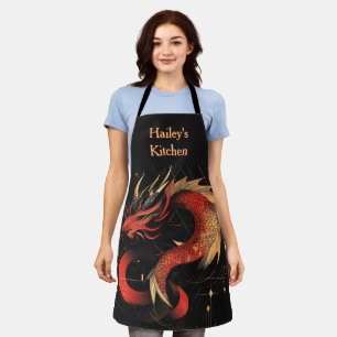 Tablier L'art majestueux du Dragon chinois rouge et or