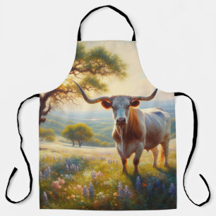 Tablier Le printemps Texas longhorn dans un champ
