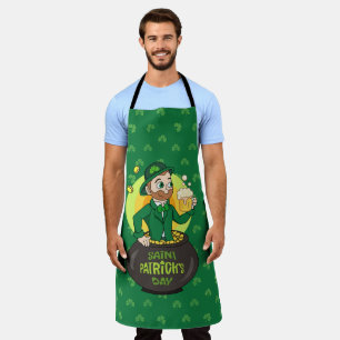 Tablier Leprechaun de dessin dans une casserole d'or tenan