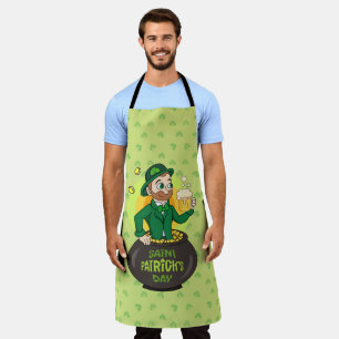 Tablier Leprechaun de dessin dans une casserole d'or tenan