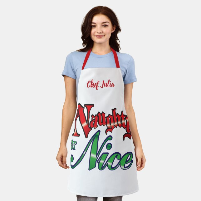 Tablier Lettres rouges rétro Noël, Naughty ou Nice (Porté)