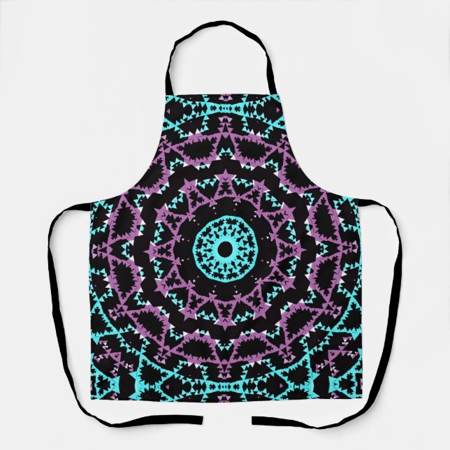 Tablier Lilac, mandala noir et turquoise. (Recto)