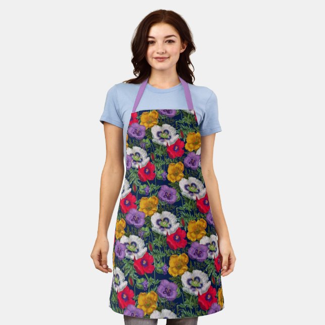 Tablier Lilac Rouge Blanc Jaune Poppies & Feuilles verts (Porté)