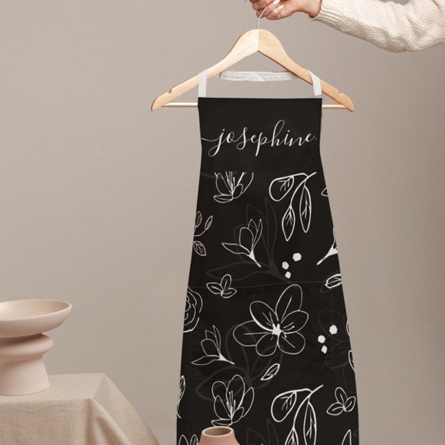 Tablier Lineart moderne noir blanc Floral personnalisé (Personalized apron with black and white floral design by Lorena Depante.)