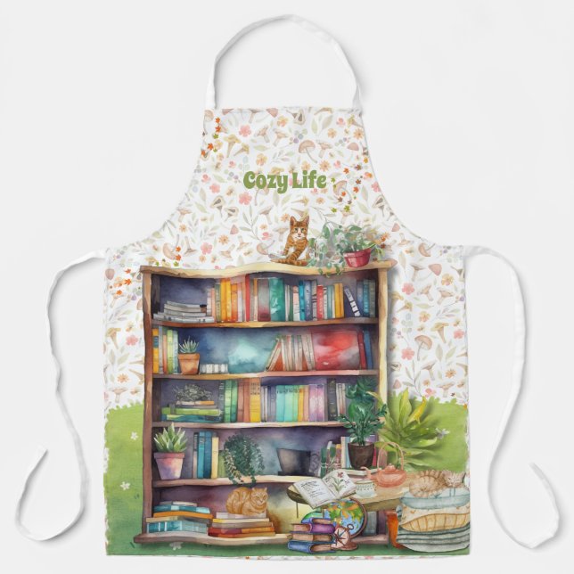 Tablier Livres et Amoureux de les chats Hygge Anniversaire (Recto)