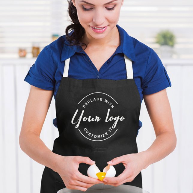 Tablier Logo blanc personnalisé de promotion d'entreprise (Custom black apron with white business logo.)