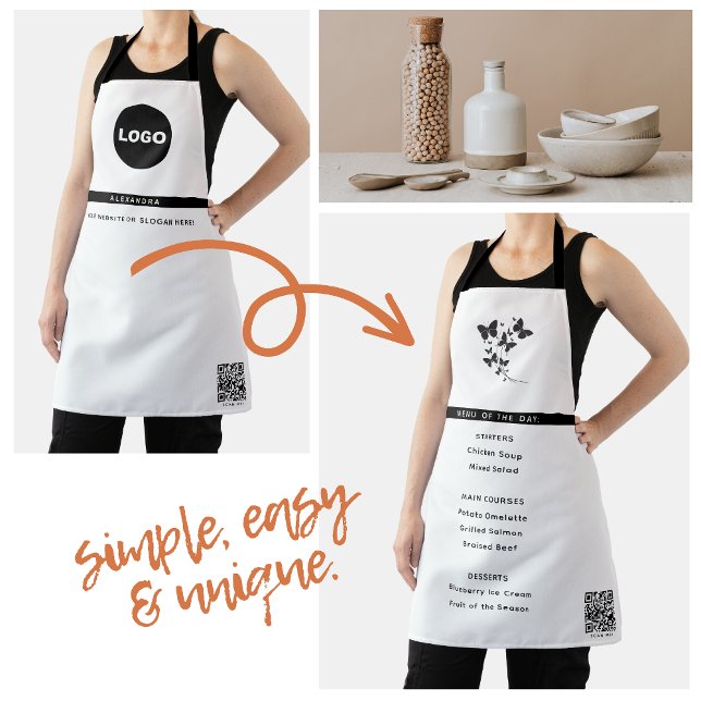 Tablier Logo de l'entreprise QR Blanc Moderne Simple Nom d (Business Logo QR White Modern Simple Employee Name Apron)