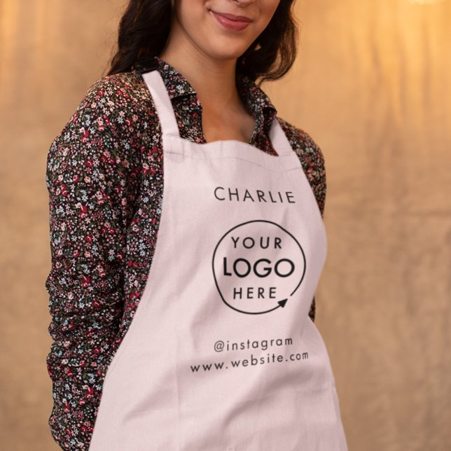 Tablier Logo d'entreprise | Nom du personnel de l'employé  (Feminine pink company branded aprons for your store or salon team apparel or employee brand uniform.)