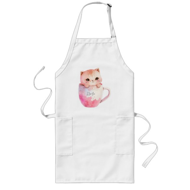 Tablier Long Chat blanc-rose mignonne dans une tasse de thé (2) (Devant)