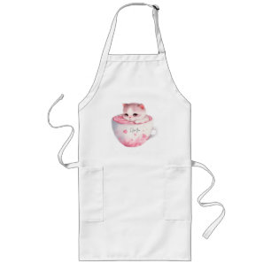 Tablier Long Chat blanc-rose mignonne dans une tasse de thé (3)