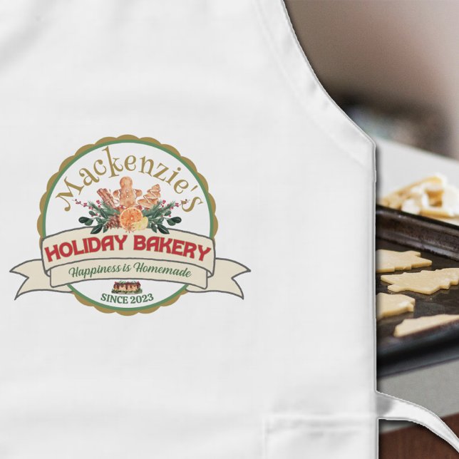 Tablier Long Christmas Happiness is Homemade Bakery Logo (Festive Christmas baking apron with your personalized Holiday Bakery logo.)