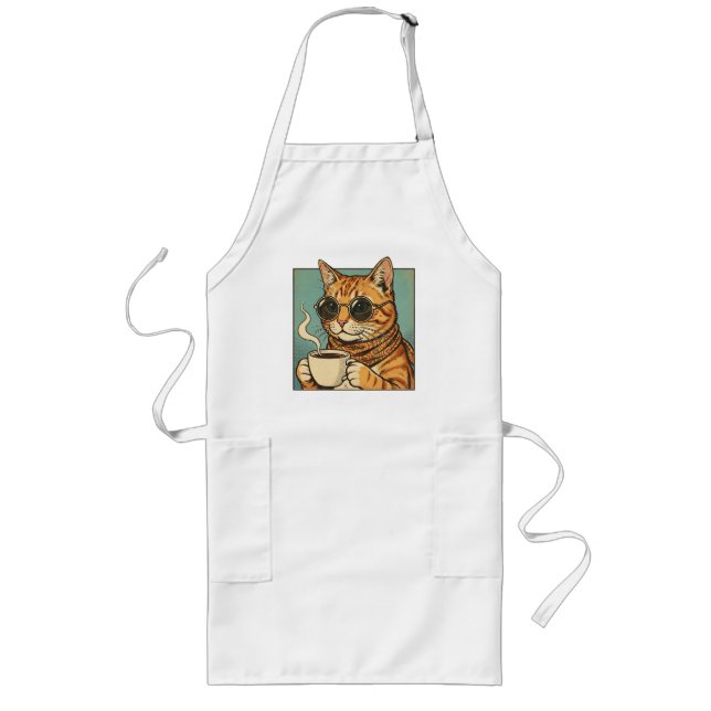 Tablier Long Cool Cat Coffee Retro Style Design for Cat Lovers (Devant)