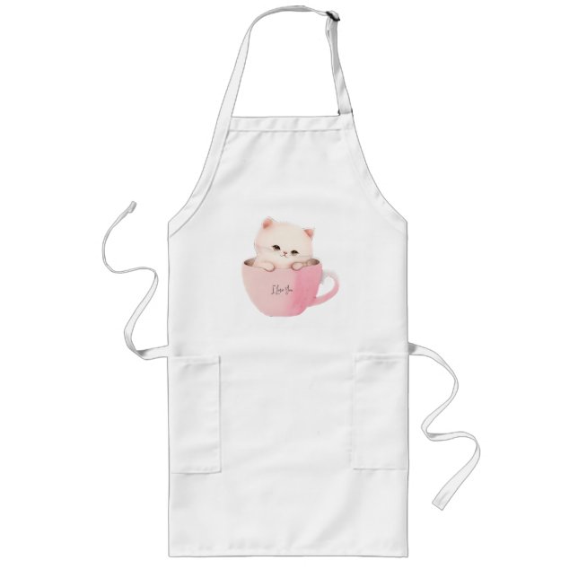 Tablier Long Cute chat rose blanc dans une tasse de thé (Devant)