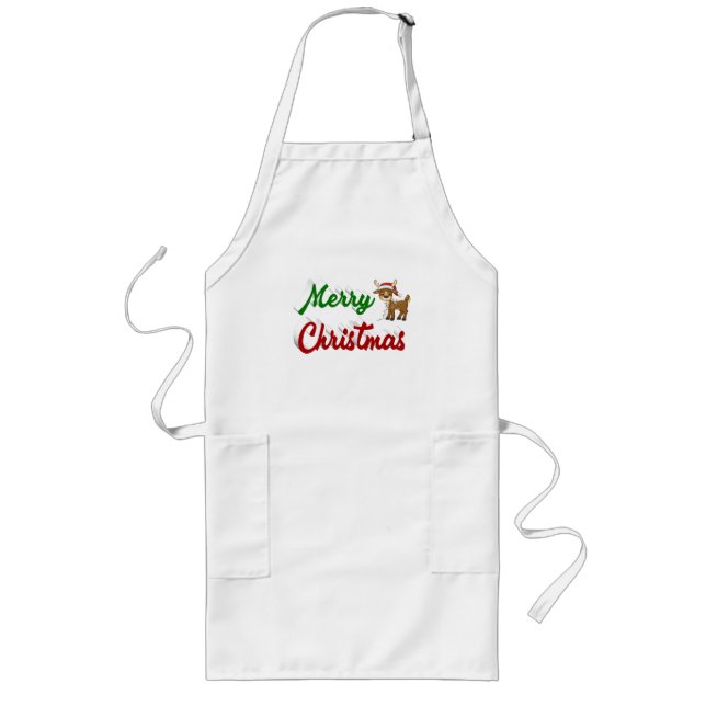 Tablier Long Joyeux Noël Reindeer rouge vert script (Devant)