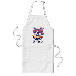 Tablier Long Kawaii Chat Manger Ramen - Jolies nouilles japonai