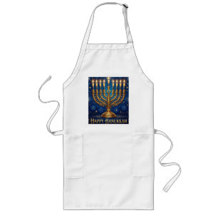 Tablier Long Riche Hanukkah bleu et or orné de bijoux
