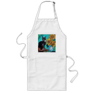 TABLIER LONG TOURNESOLS AVEC LE CAT NOIR EN TURQUOISE BLEUE