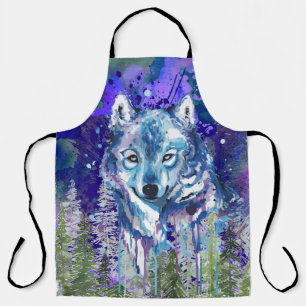 Tablier Loup bleu   Dessin de loup coloré   Art Abstrait