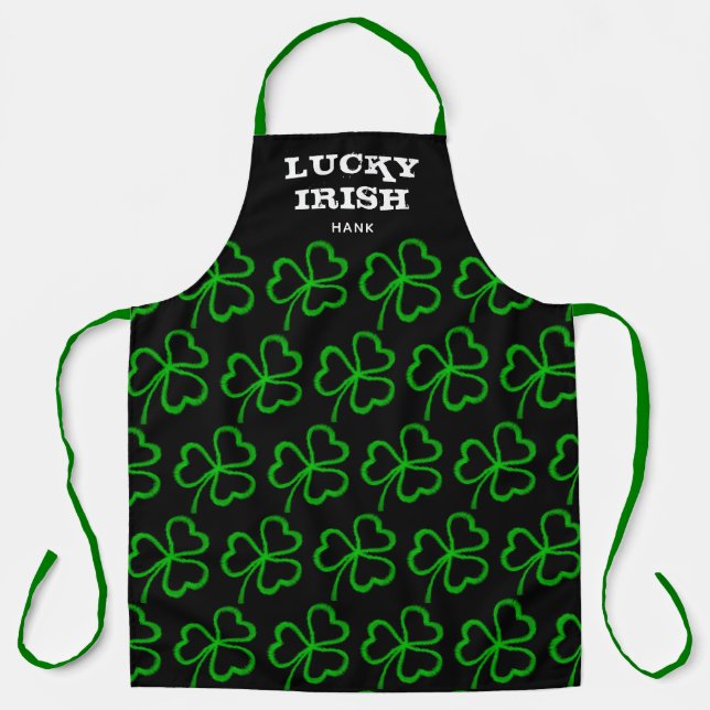 Tablier Lucky Irish Green Shamrock Motif noir Monogramme (Recto)
