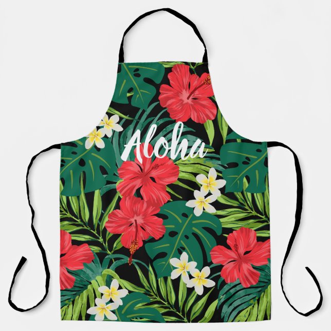 Tablier Luna Hibiscus Garden Hawaiian - Rouge et Noir (Recto)