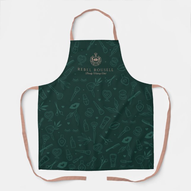 Tablier Luxe Beauté Charms Logo de maquillage vert et rose (Recto)