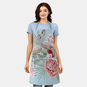 Tablier Luxe floral et Flamant rose bleu ciel joli