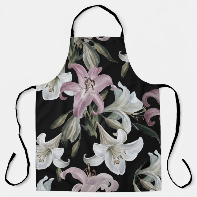Tablier Lys, blanc rose, motifs floraux. (Recto)