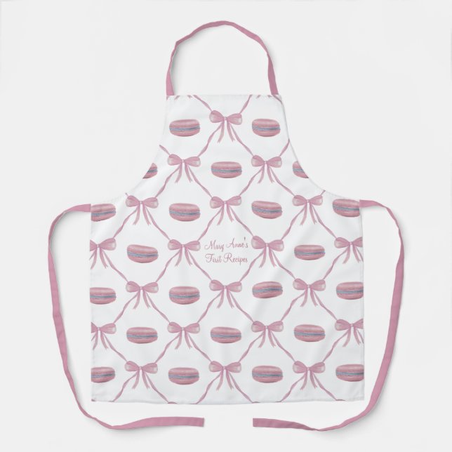 Tablier M Macarons roses personnalisés Ruban frilly Coquet (Recto)