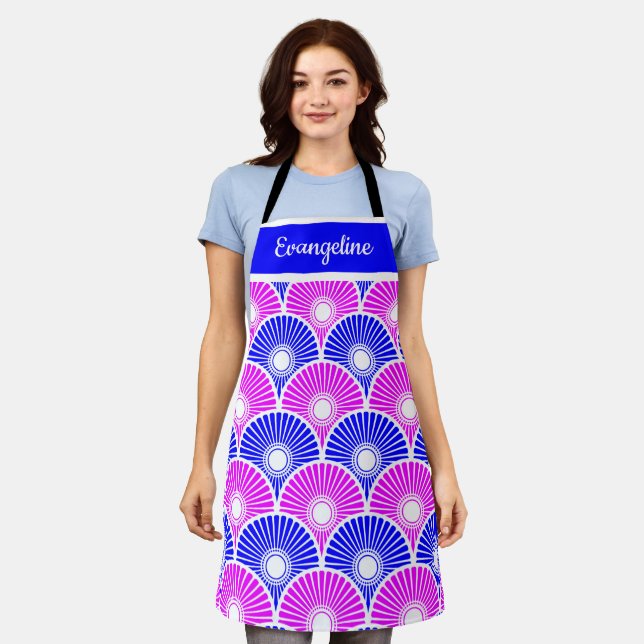 Tablier Magenta et bleu chinois semi-cercle Motif vague (Porté)