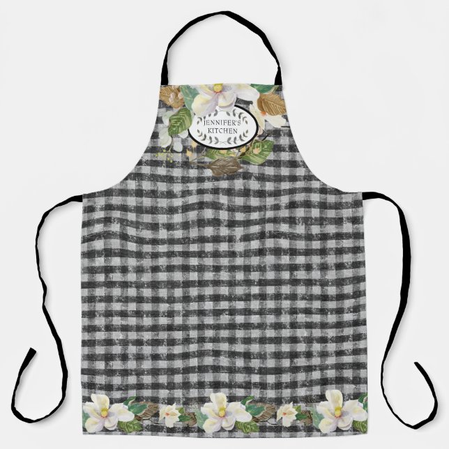 Tablier Magnolia Floral Farmhouse Black White Kitchen Nom (Recto)