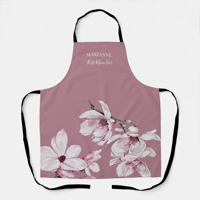 Tablier Magnolia rose botanique Meilleure maman jamais (Recto)