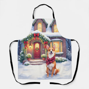 Tablier Maison de ville de Basenji à Noël en aquarelle