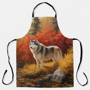 Tablier Malamute d'Alaska dans les feuilles d'automne qui