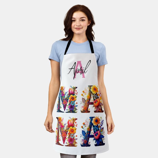 Tablier MAMA personnalisé floral (Porté)