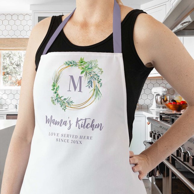 Tablier Maman Apron Aromatique Kitchenette Herbes violet M (mom apron christmas gift personalized aromatic herbs wreath gold circles monogram purple green cute)