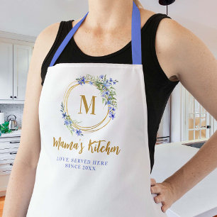Tablier Maman Apron Blue Meadow Fleurs sauvages or Monogra