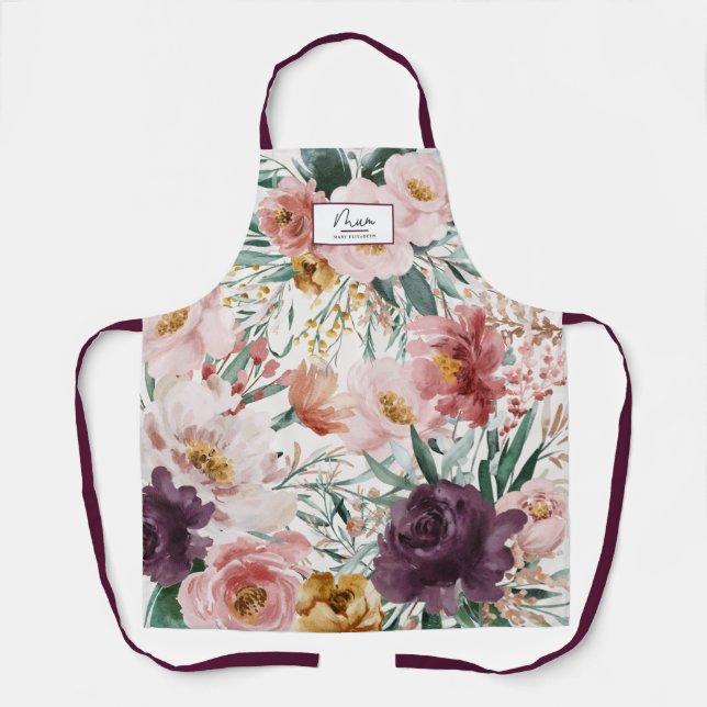 Tablier Maman aquarelle fleurie pourpre giro élégant (Recto)