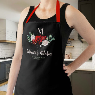 Tablier Maman Cadeau Black Red Roses Wreath Élégant Monogr