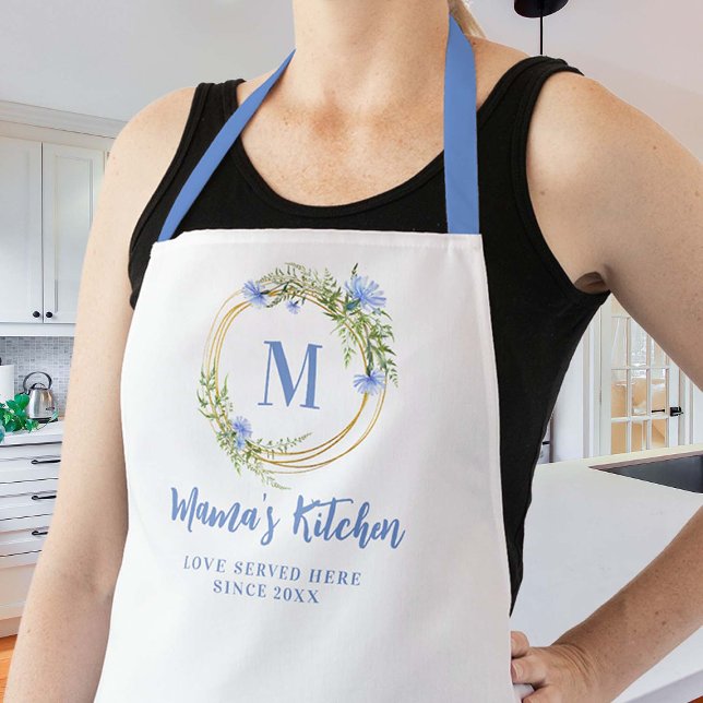 Tablier Maman Cadeau Bleu Corbeille Or Couronne Monogramme (personalized mom apron blue cornflowers wreath gold geometric custom monogram christmas gift cute)