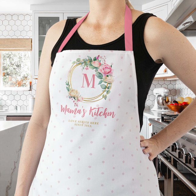 Tablier Maman Cadeau rose Blush Rose Pois or Monogramme (mom apron personalized christmas gift pink blush roses floral gold geometric frame monogram polka)