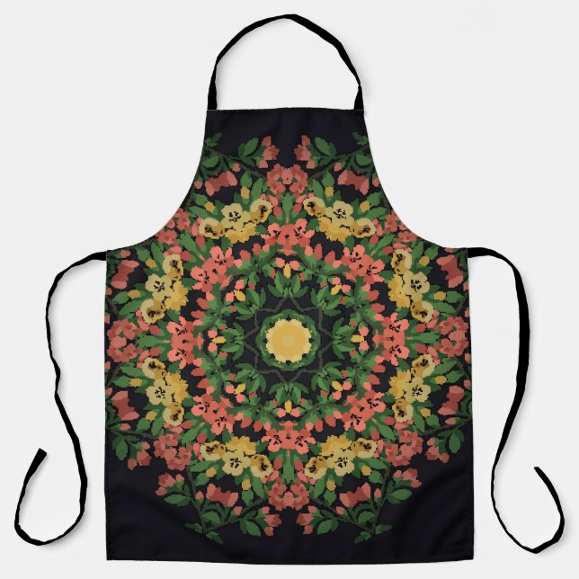 Tablier Mandala floral : rouge, vintage jaune. (Recto)
