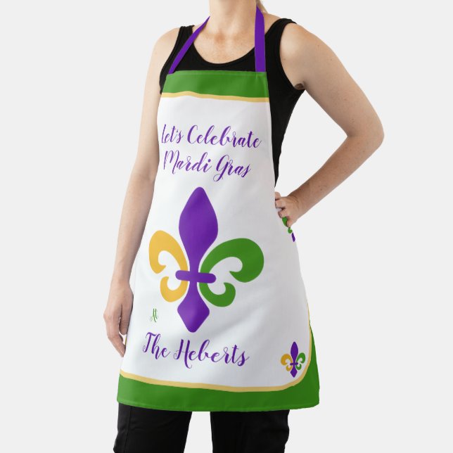 Tablier Mardi Gras NAME Green Gold Purple Fleur de Lis (Insitu)