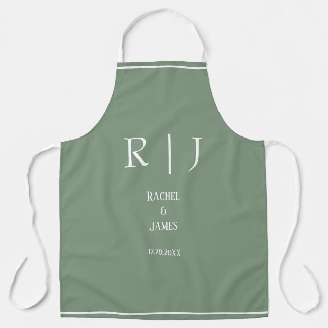 Tablier Mariage Moderne Élégant Simple Monogrammes Vert Sa (Recto)