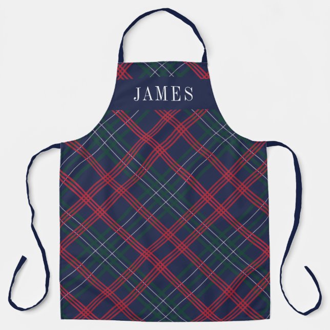 Tablier Marine Green Red Tartan Plaid Fêtes Personnalisées (Recto)