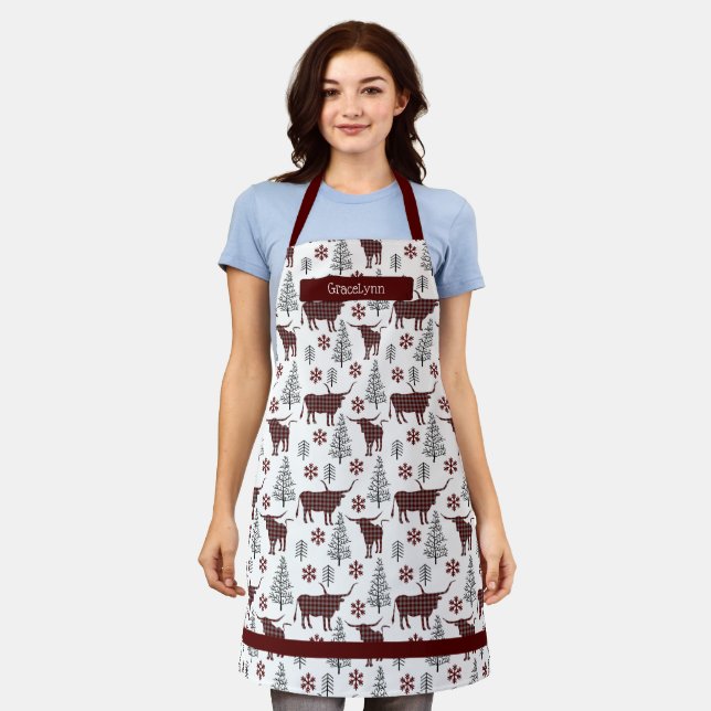 Tablier Maroon Buffalo Plaid Longhorn Motif (Porté)