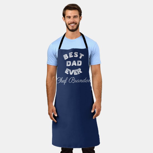 Tablier Meilleur Papa Jamais Elegant Bleu Blanc Nom Modern (Porté)