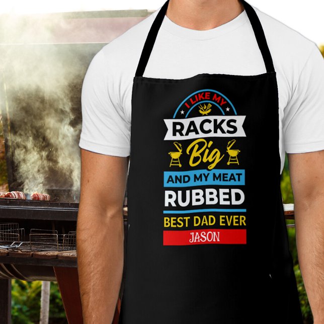 Tablier Meilleur Papa Jamais Noir Tout-En-Dessus Imprimer  (Best Dad Ever personalized black apron with "I like my Racks Big and my Meat Rubbed")