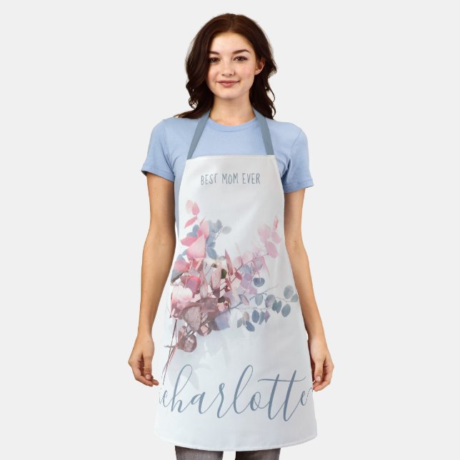 Tablier Meilleure maman Jamais Elegant bleu Floral Aquarel (Porté)
