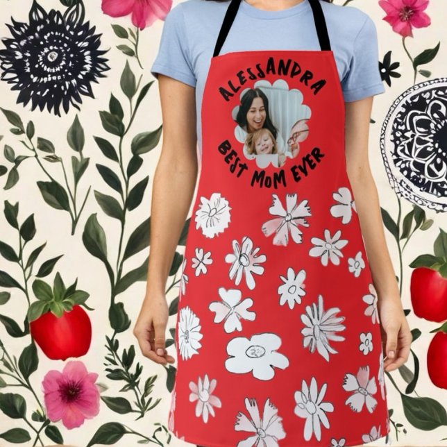 Tablier Meilleure maman jamais photo monogramme floral rou (Créateur téléchargé)